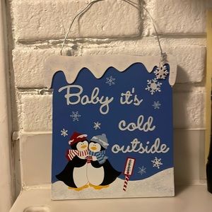 Baby it’s cold outside wooden penguin snuggle sign. Perfect add for winter decor